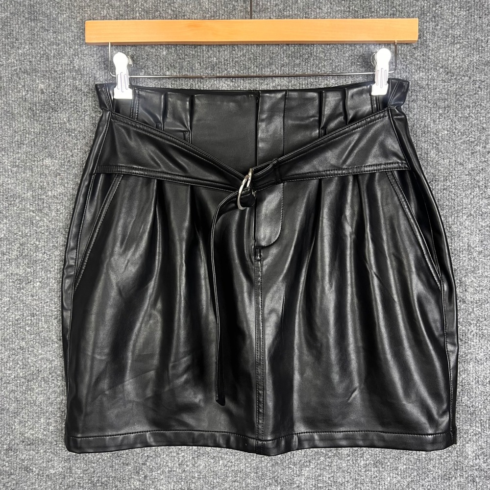 NEW Express Faux Leather Skirt Womens M Black New Belted Pleated Mini Skirt